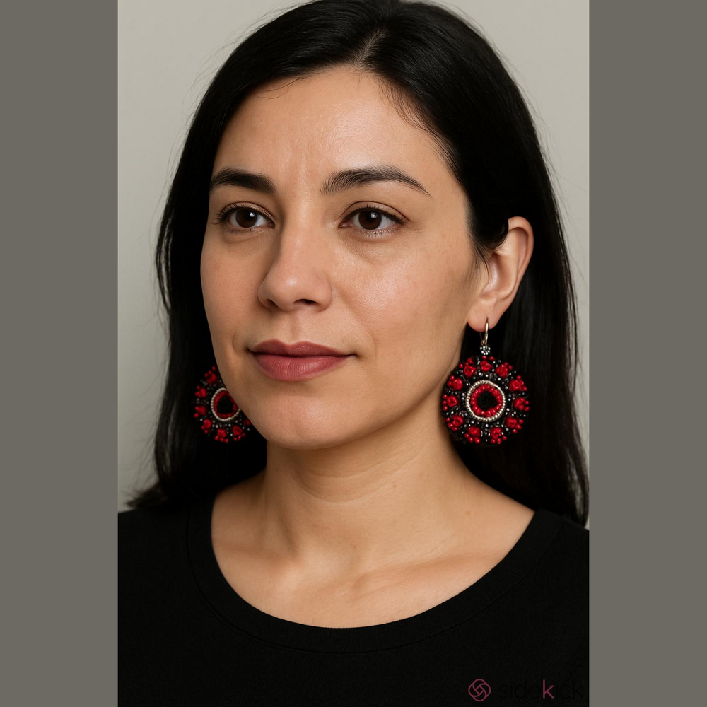 Handcrafted Red Black Silver Bead Earrings 925 Hooks